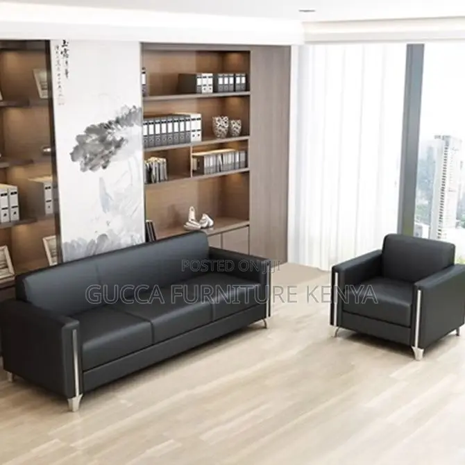Sofas:5-Seat Simple Stylish Black Leather Office Sofa