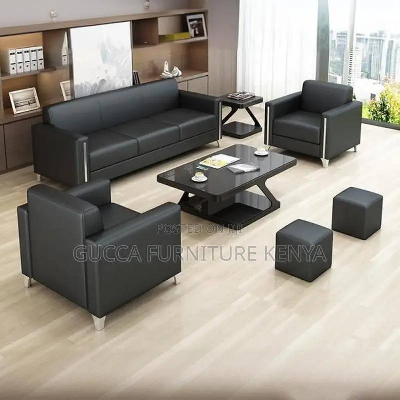 Sofas:5-Seat Simple Stylish Black Leather Office Sofa