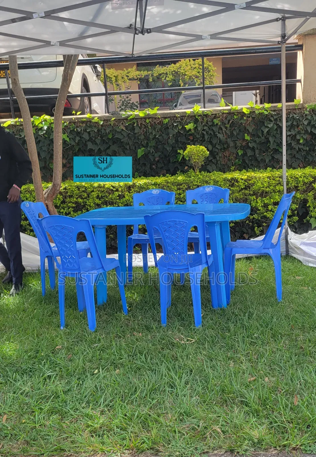 6 Plastic Chairs (Blue) and 1 Plastic Rectangular Table