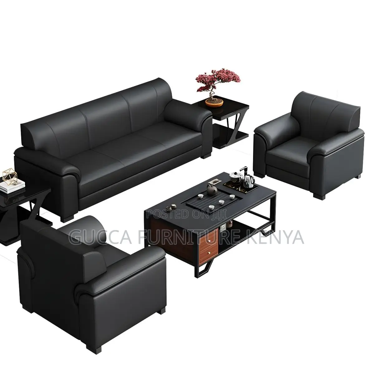 Sofas: Stylish Modern Black Leather 5-Seater Office Sofa