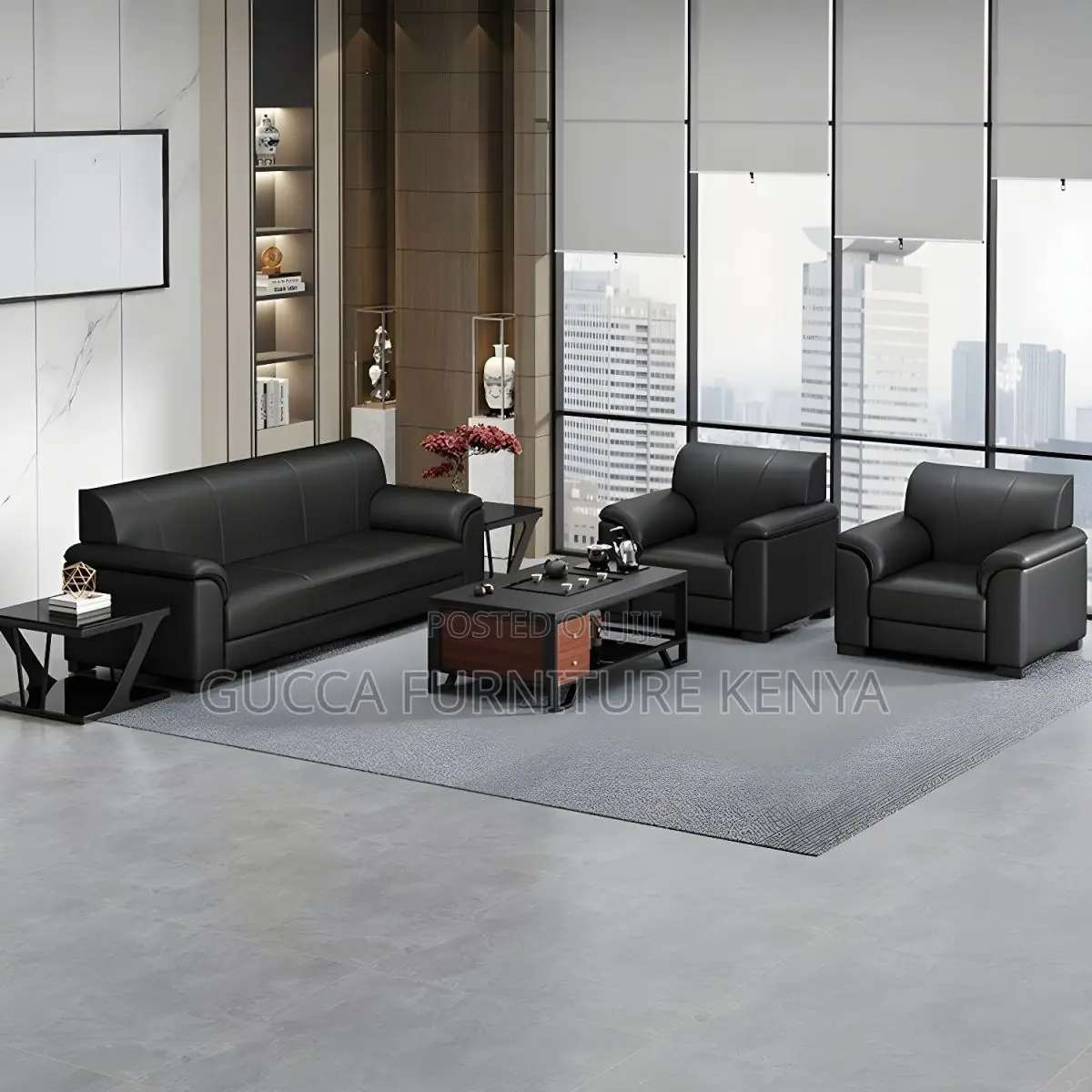 Sofas: Stylish Modern Black Leather 5-Seater Office Sofa