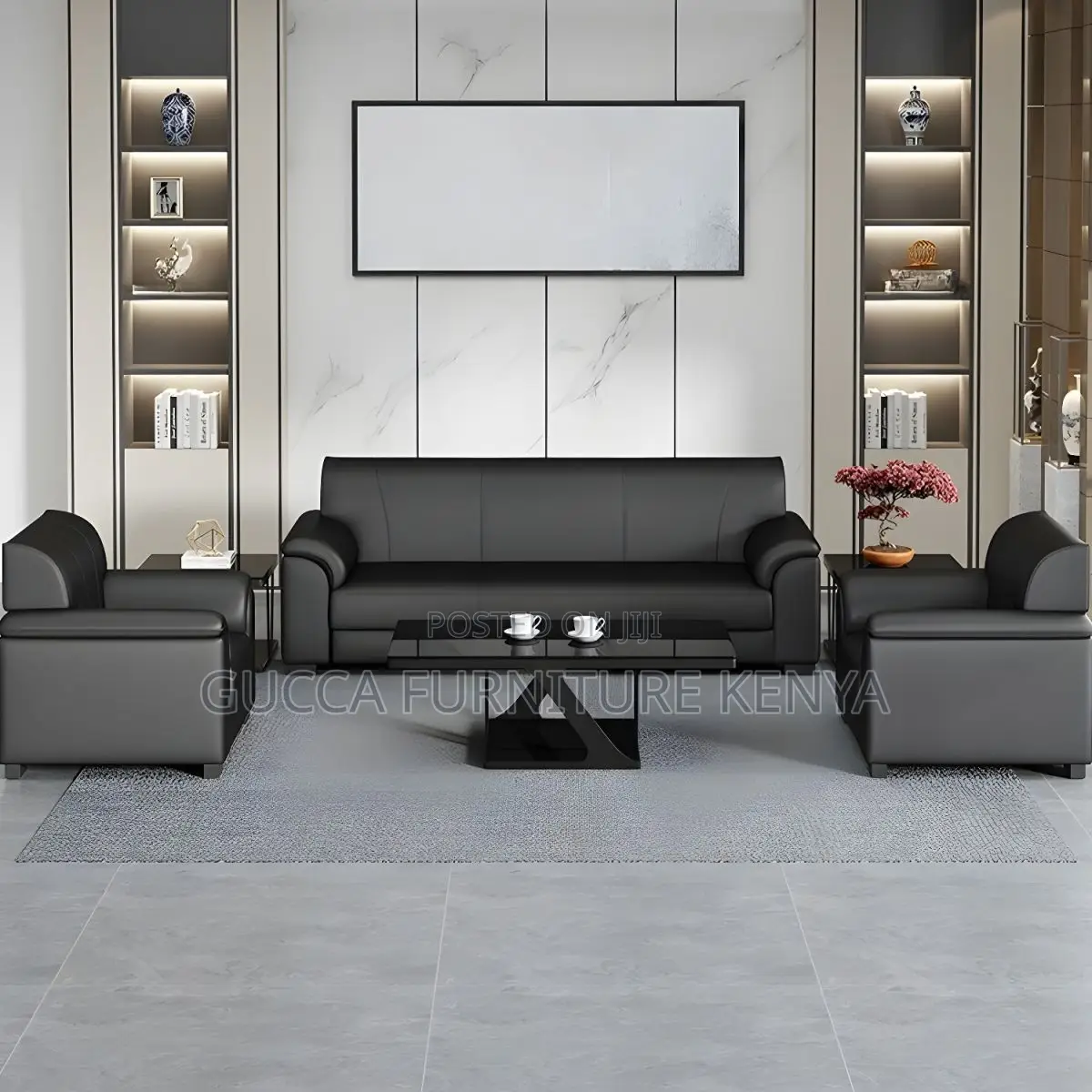 Sofas: Stylish Modern Black Leather 5-Seater Office Sofa