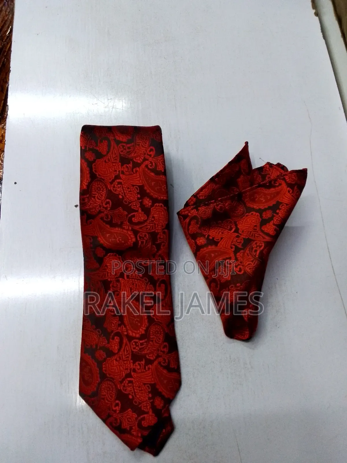 Red Floral Tie With Pocket Square
