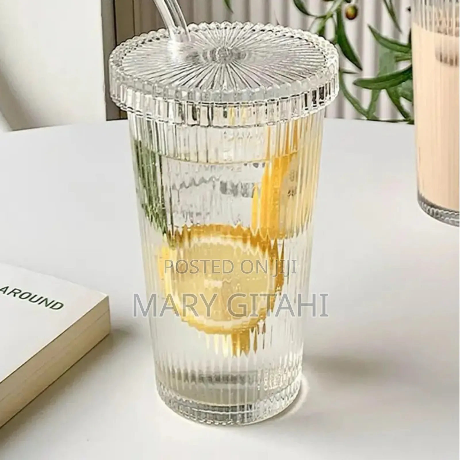 375ml Simple Stripe Glass Cup With Lid and Straw at 