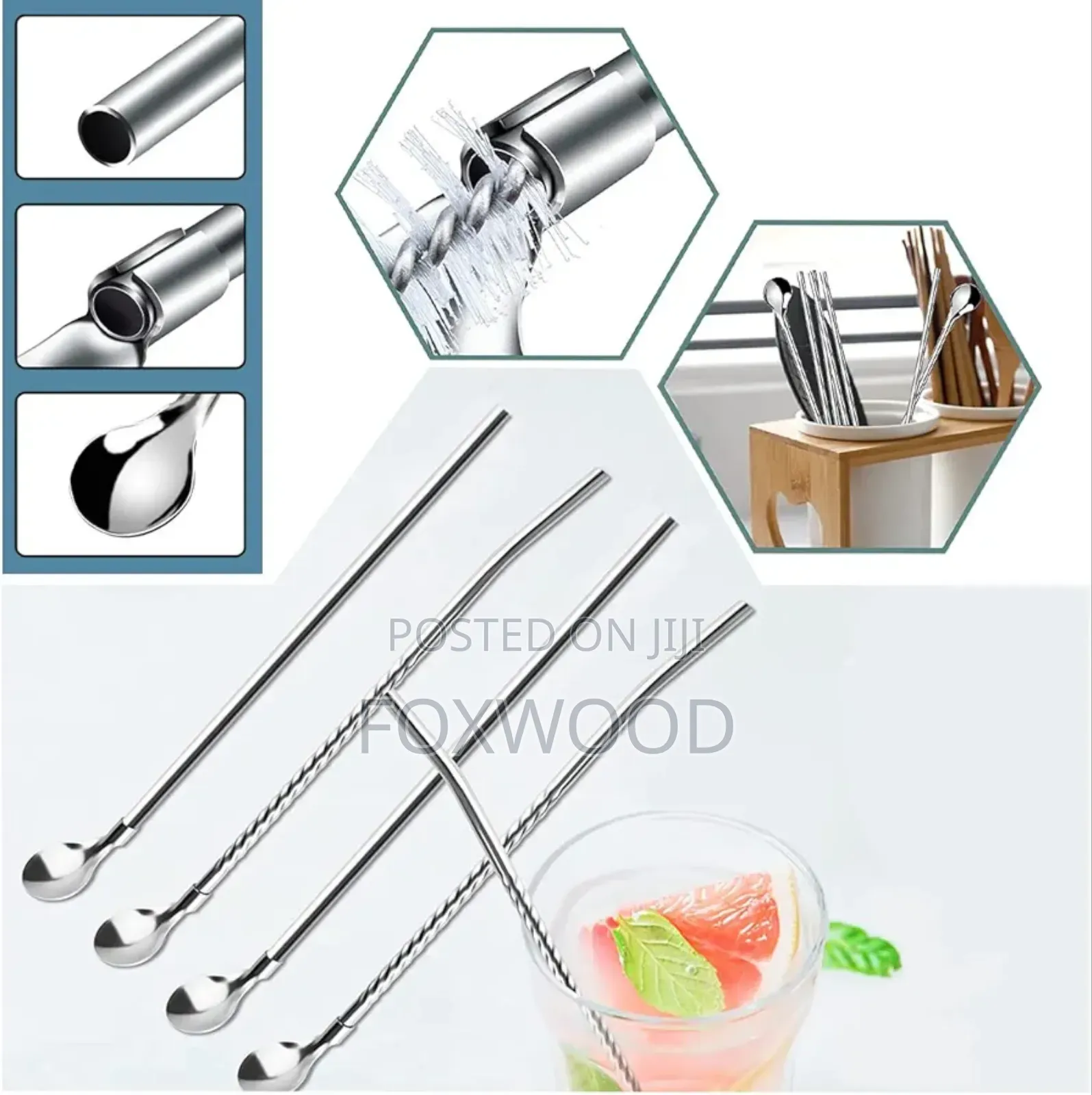 6 PCS Reusable Straw Spoons With Cleaning Brush