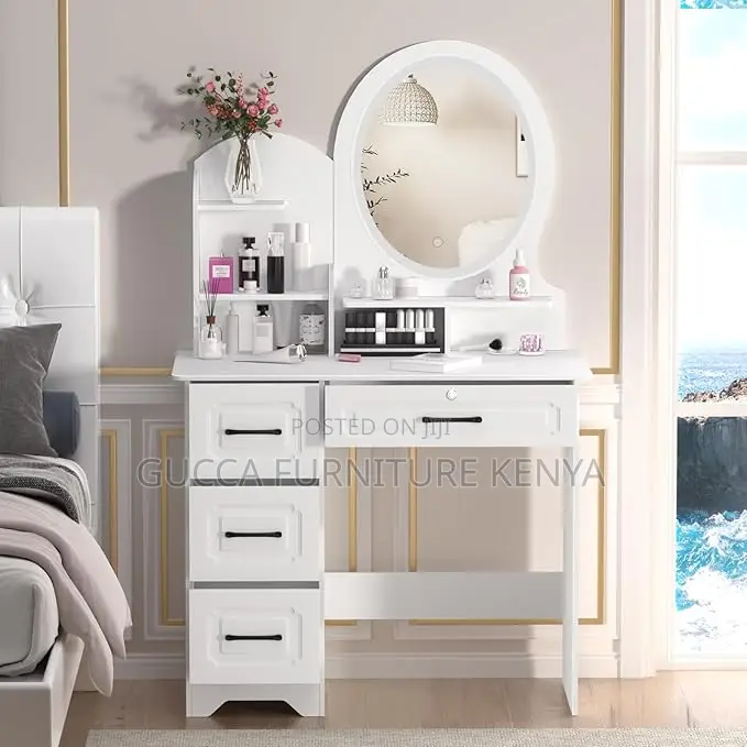 Dressers: White Modern Wooden Vanity Makeup Desk
