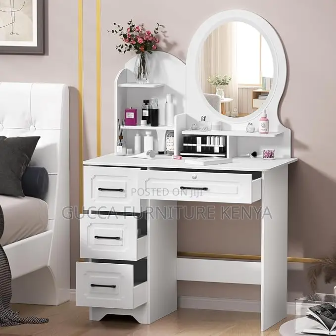 Dressers: White Modern Wooden Vanity Makeup Desk