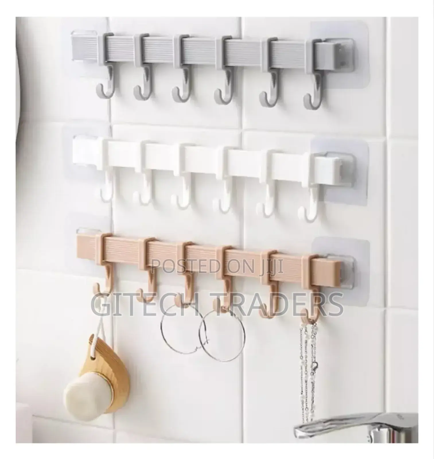 Punch Free 6 Hook Wall Hanger Available in Gray White