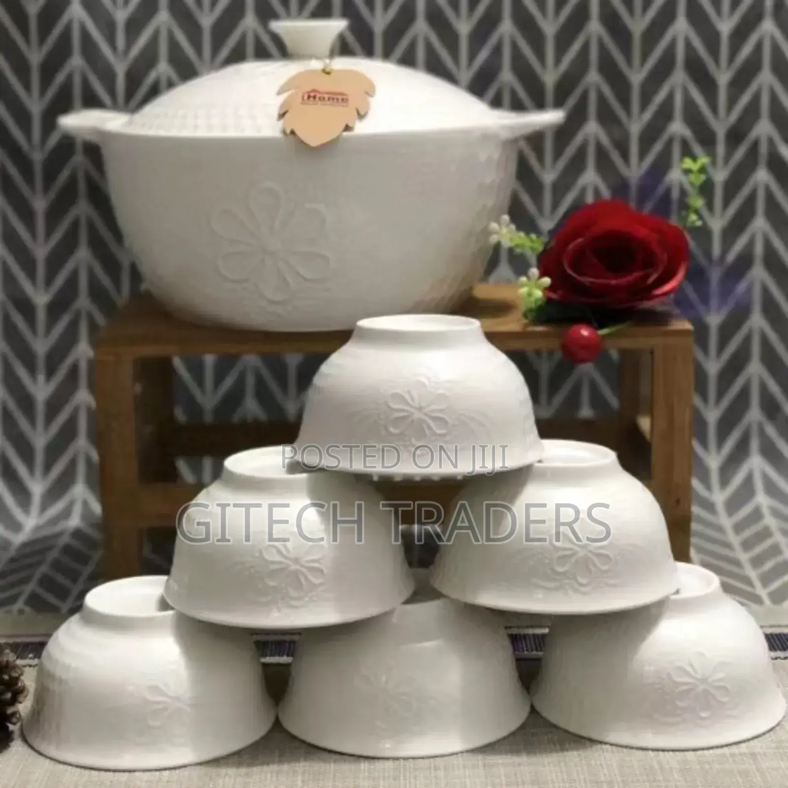 Ceramic White Serving Dish With Soup/Vegetable Bowls