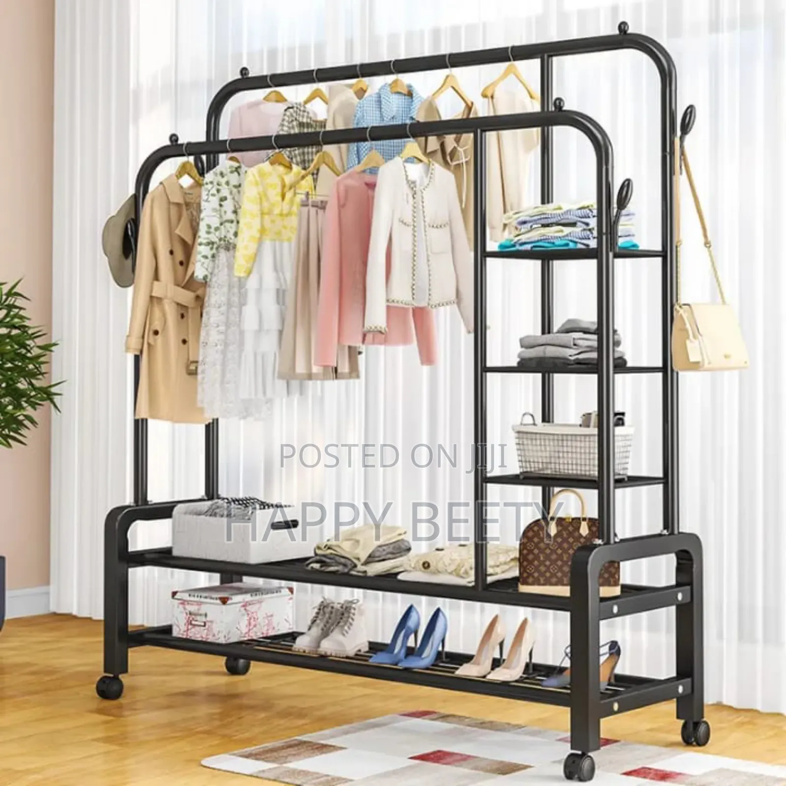 *Double Layer Garment Rack Floor Standing Clothes Hanger