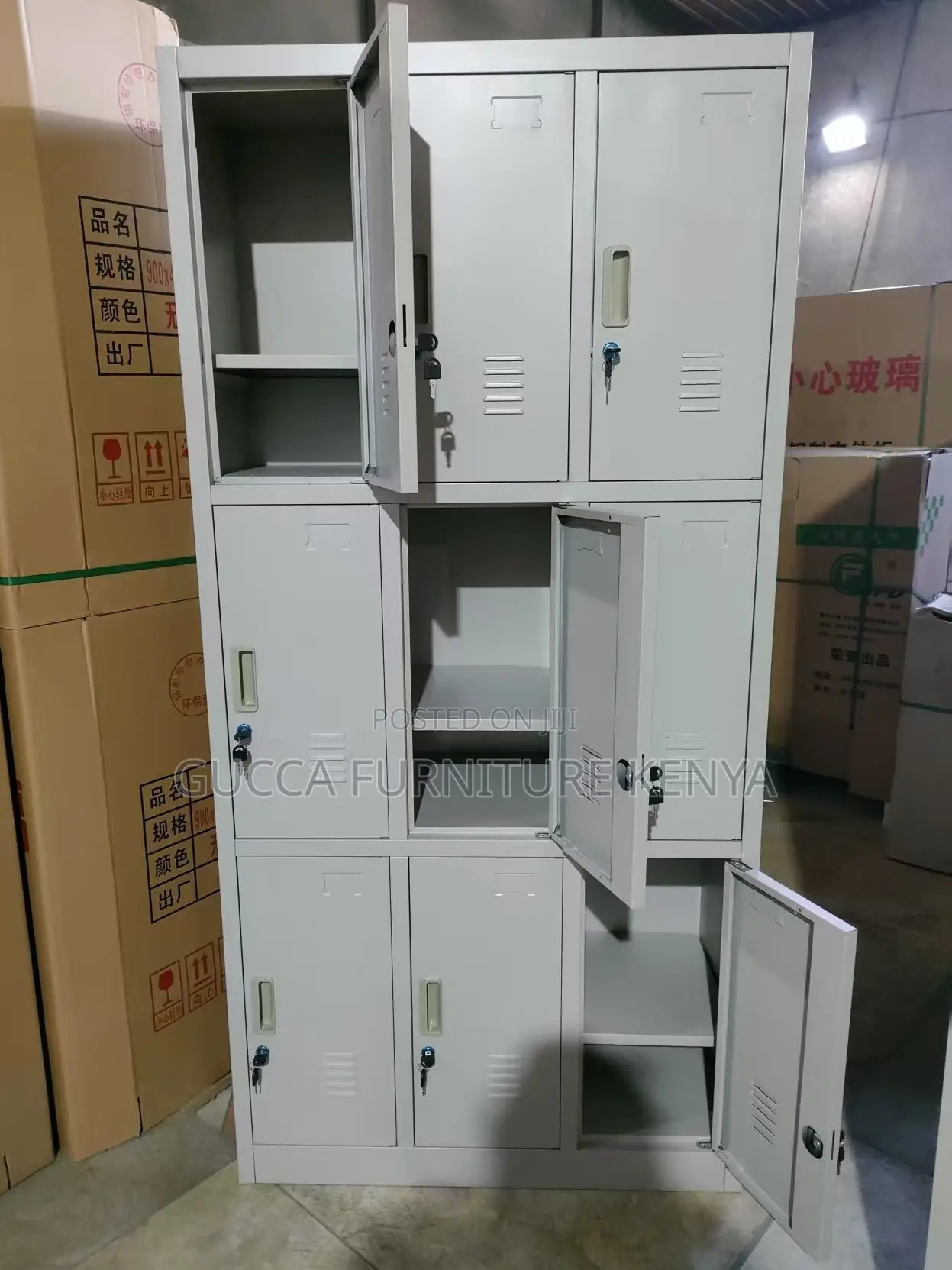 Cabinets: Metallic Vertical Nine-Door Locker Storage Unit