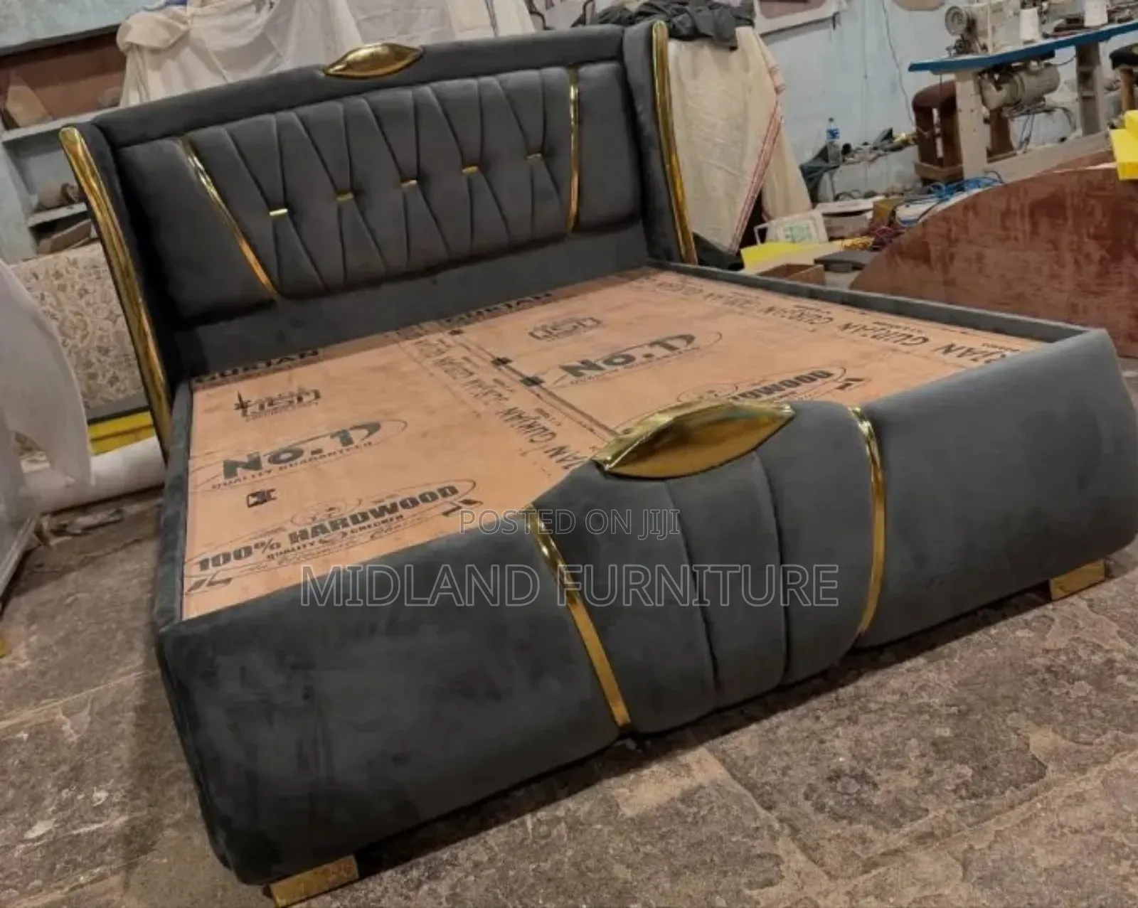Grey Bed With Gold Decor