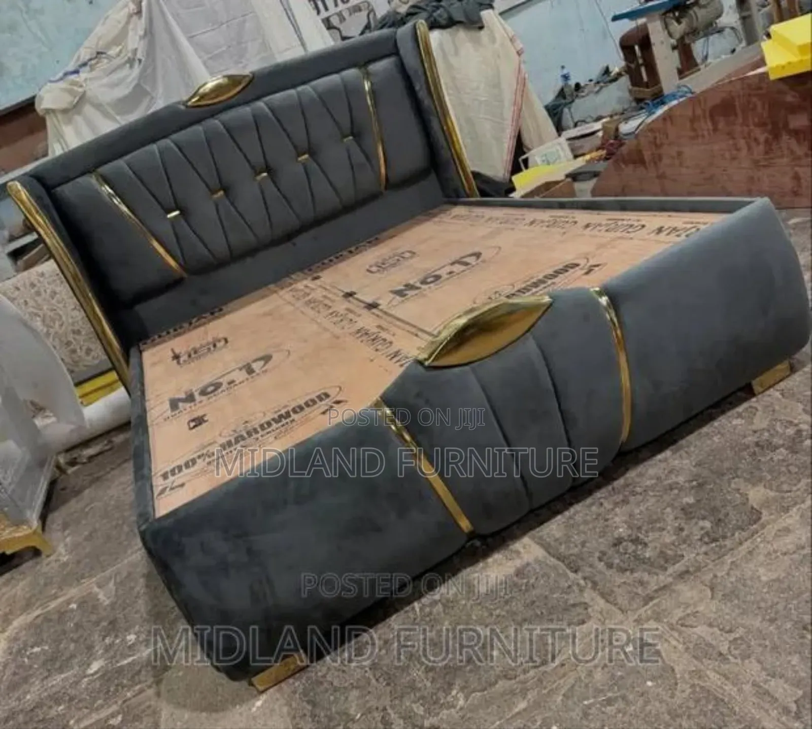 Grey Bed With Gold Decor