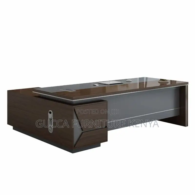 Office Tables:180cm Brown L-Shape Pedestal Executive Desk