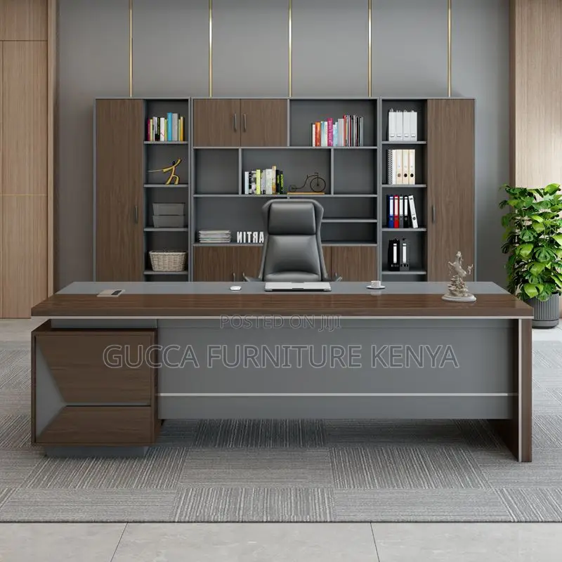 Office Tables:180cm Brown L-Shape Pedestal Executive Desk