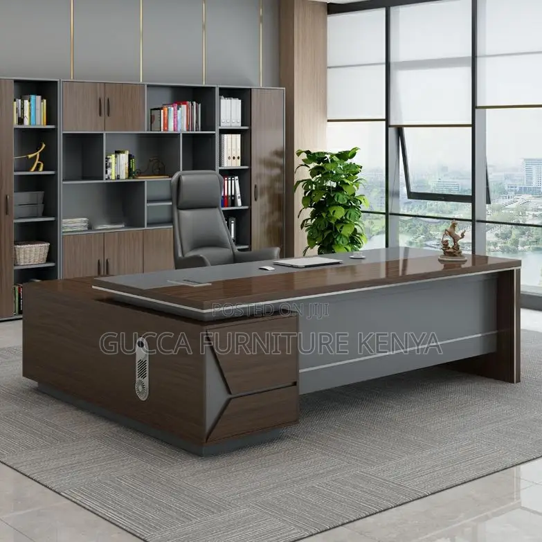 Office Tables:180cm Brown L-Shape Pedestal Executive Desk