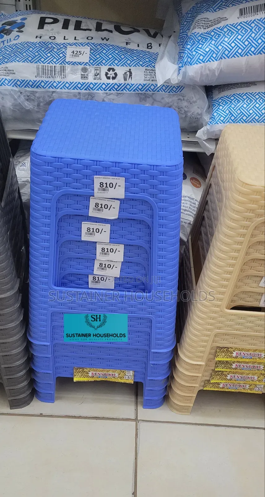 Sky Blue Plastic Stools, Kenstool With Bamboo Finish