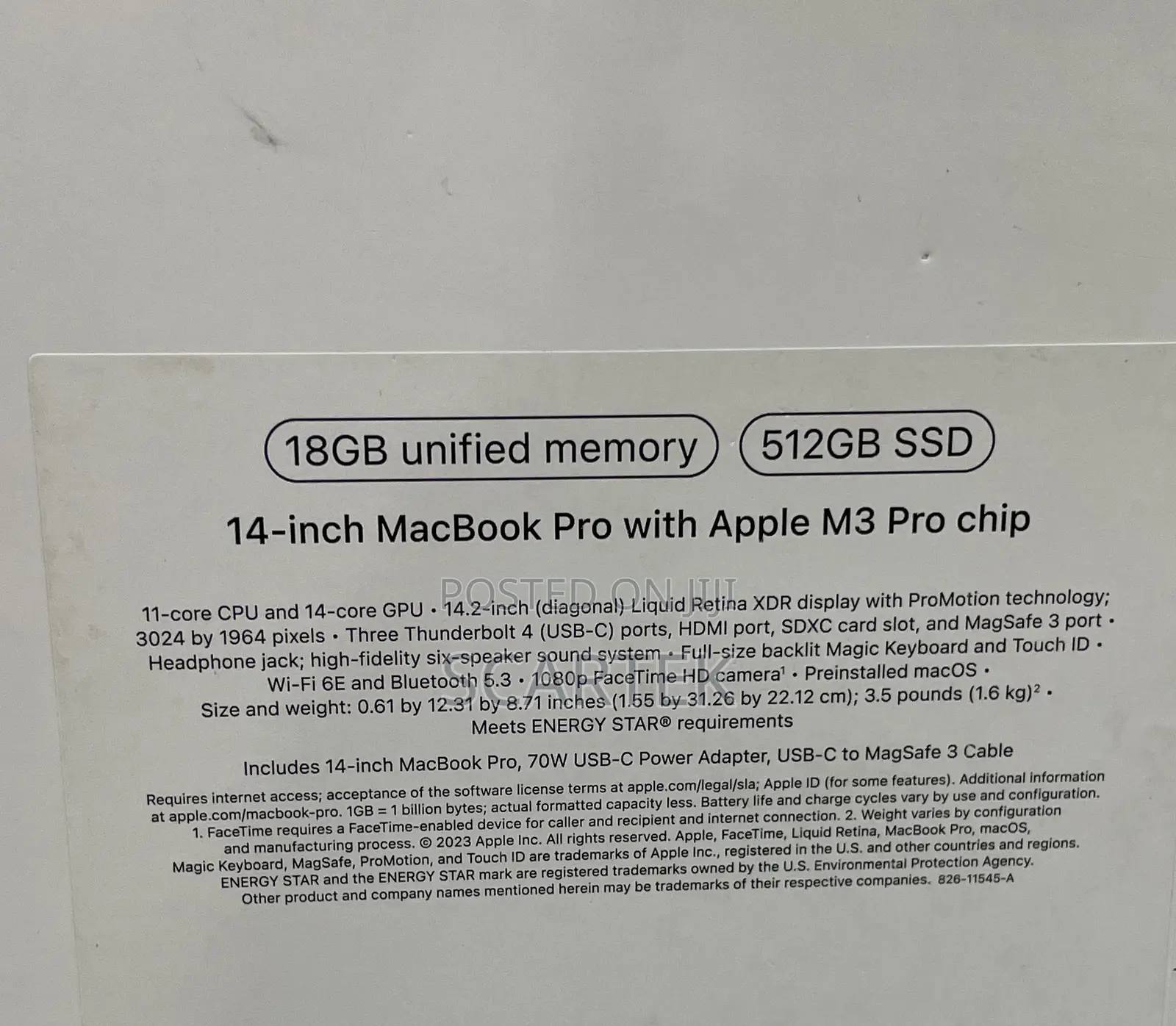New Laptop Apple MacBook Pro 18GB Apple M3 SSD 512GB