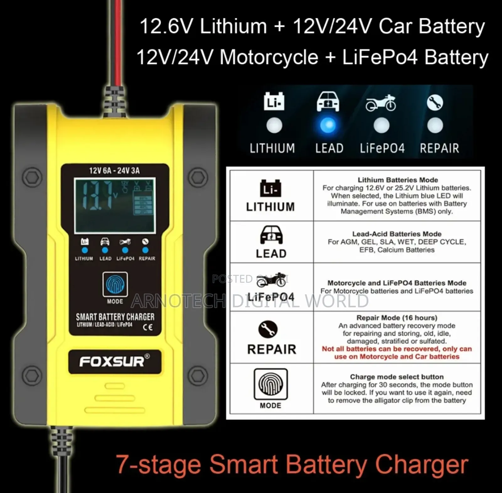 Portable Automatic Car Battery Charger 12v/24v Display