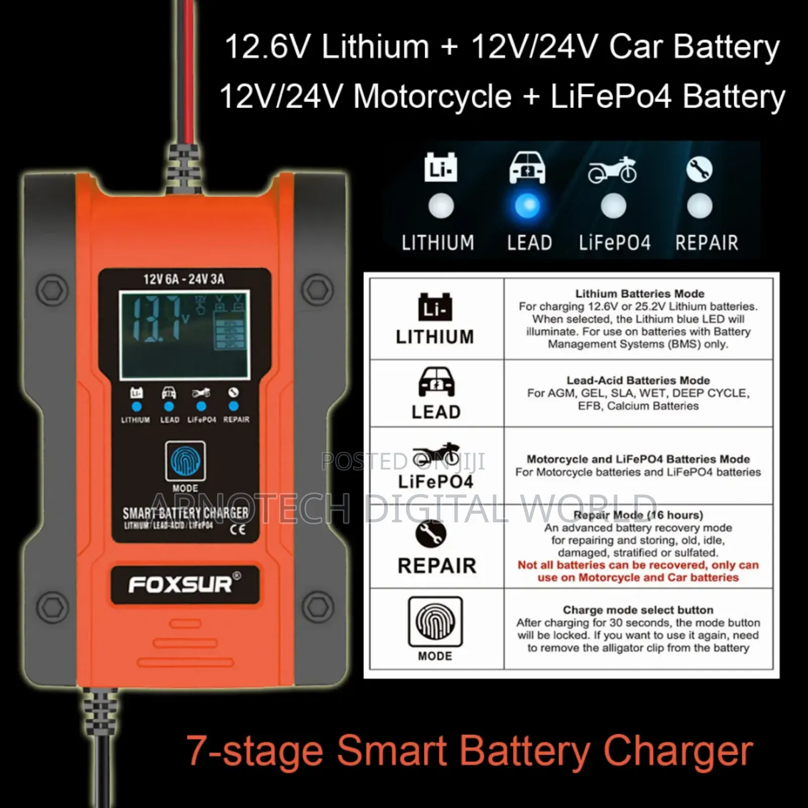Portable Automatic Car Battery Charger 12v/24v Display