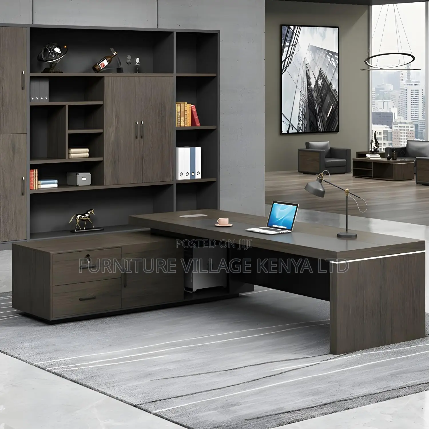 Modern Grey L-Shape Executive Desk With Pedestal Base