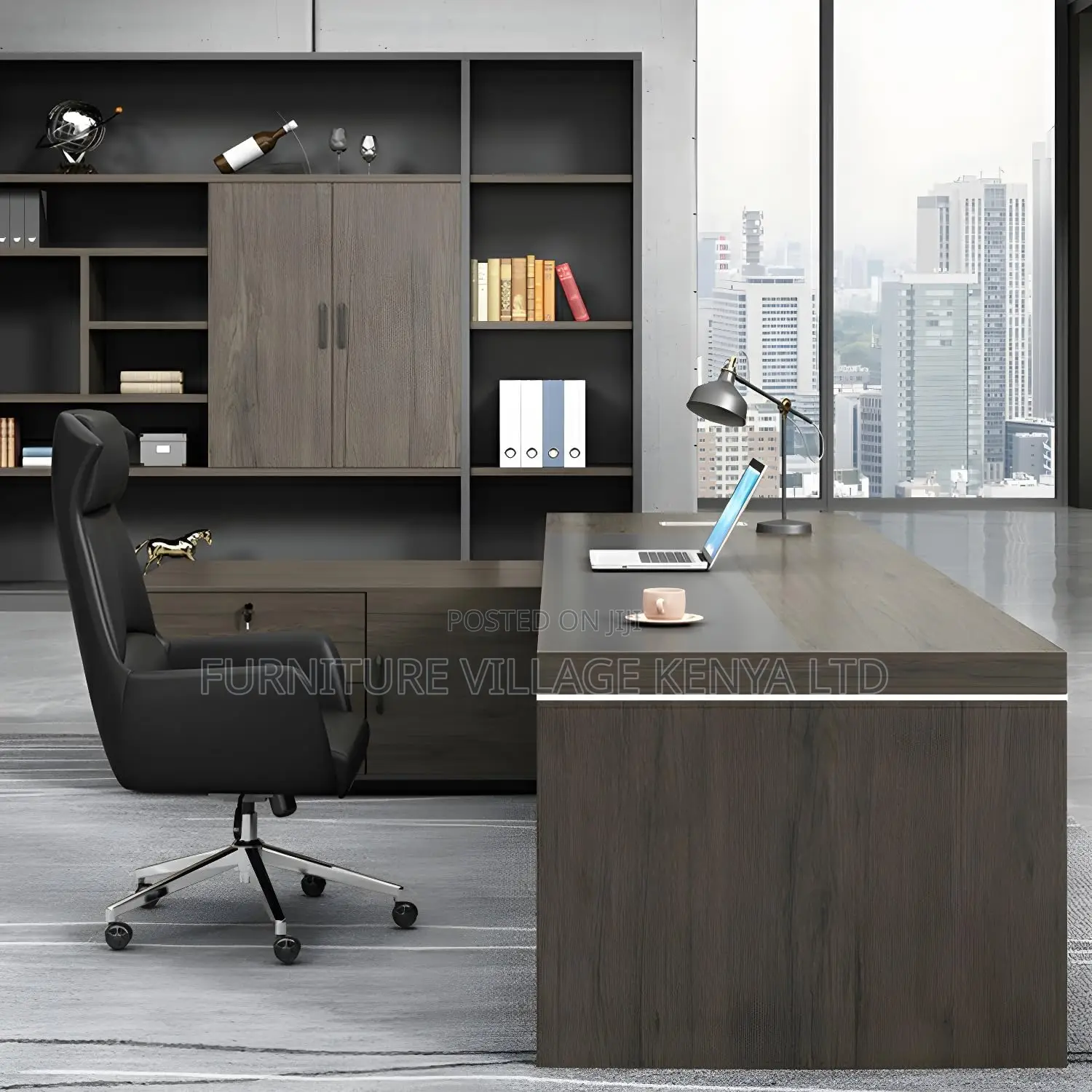 Modern Grey L-Shape Executive Desk With Pedestal Base