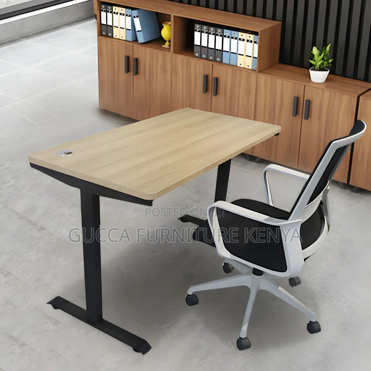 Office Tables:120cm Electric Natural Top T-Shape Base Desk