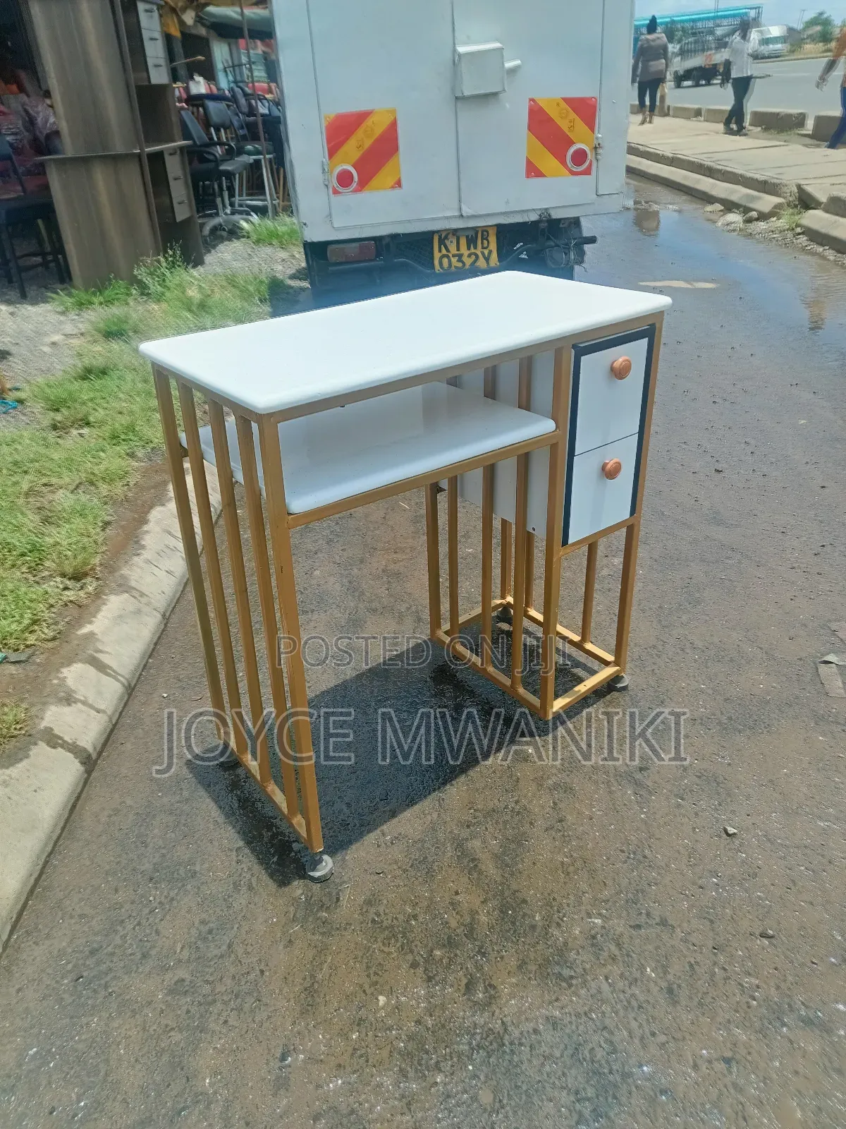 Manicure Table, White/ Gold With Marble Tops ,