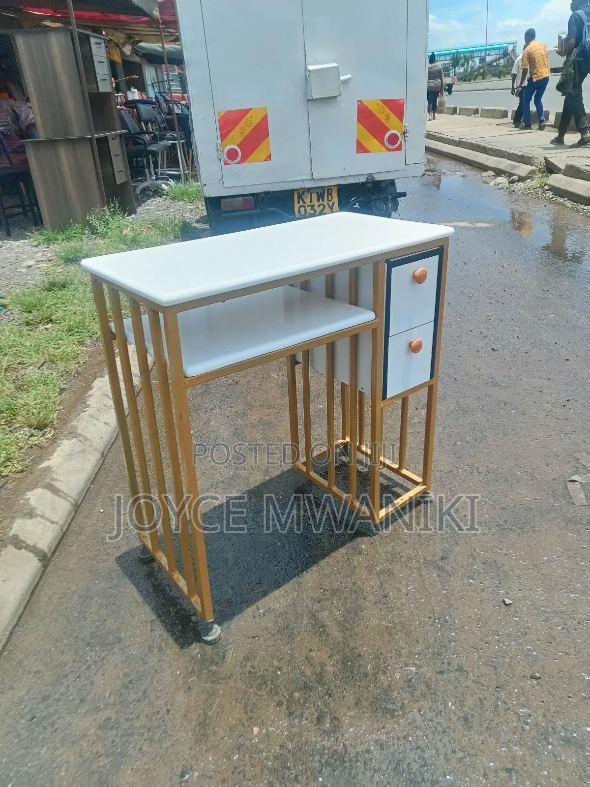 Manicure Table, White/ Gold With Marble Tops ,