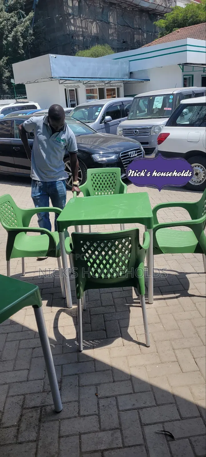 Square Plastic Table With Metal Legs Plus 4 Plastic Chairs