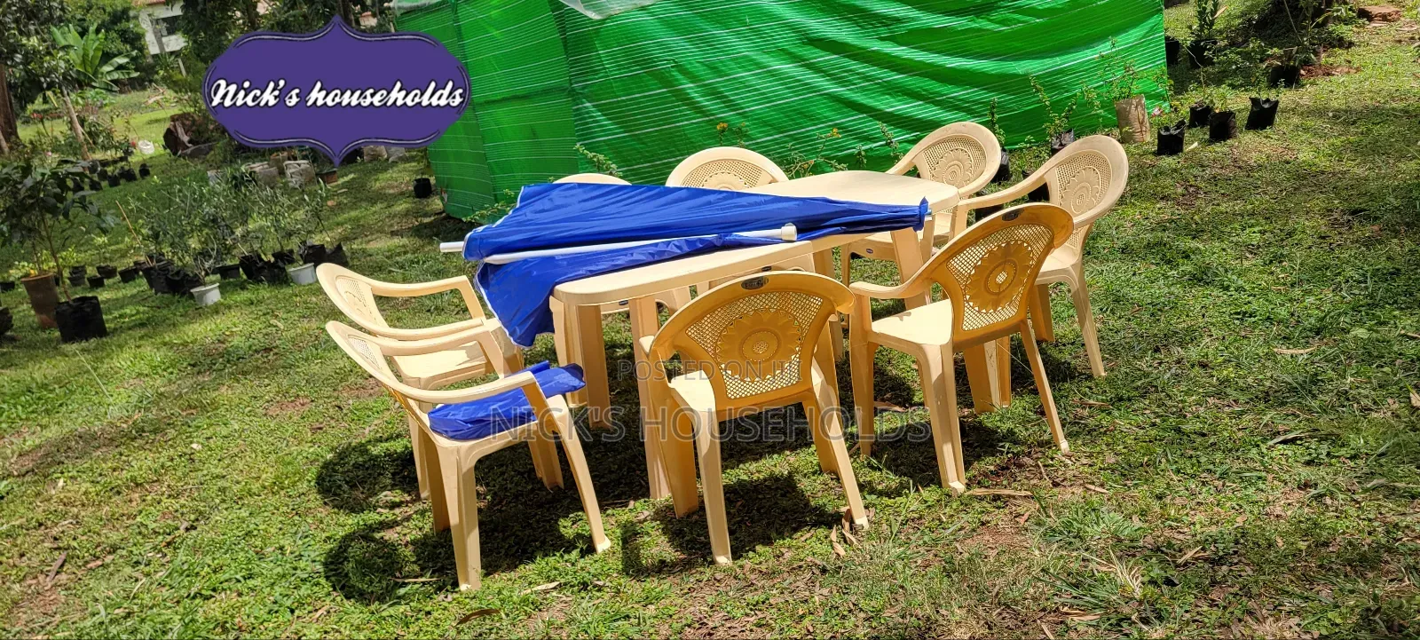 8 Plastic Chairs, 1 Plastic Table and an Umbrella Set
