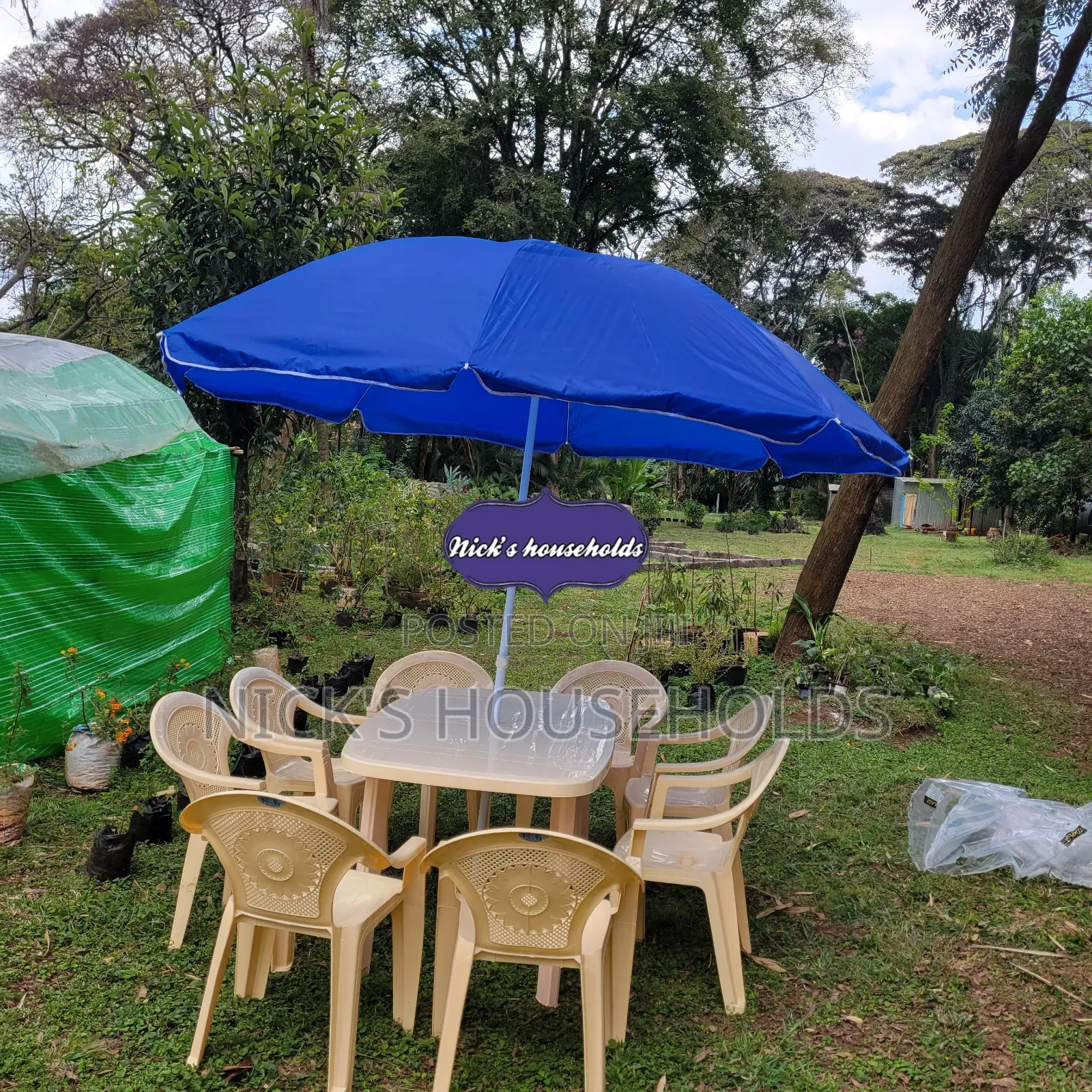 Garden Umbrella With Plastic Table and Plastic Chairs Set