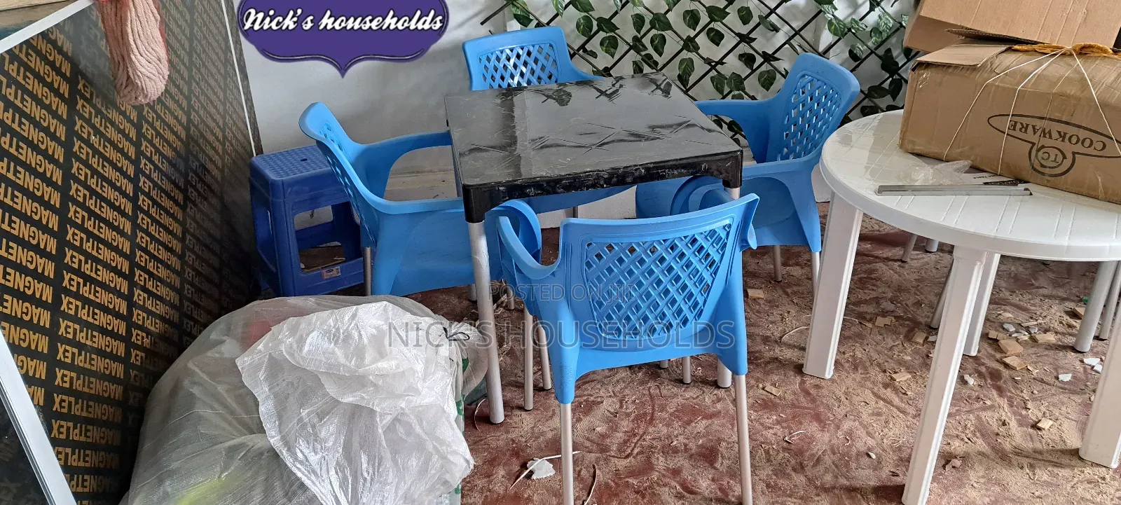 Black Plastic Table With Metal Legs + Plastic Chairs Set