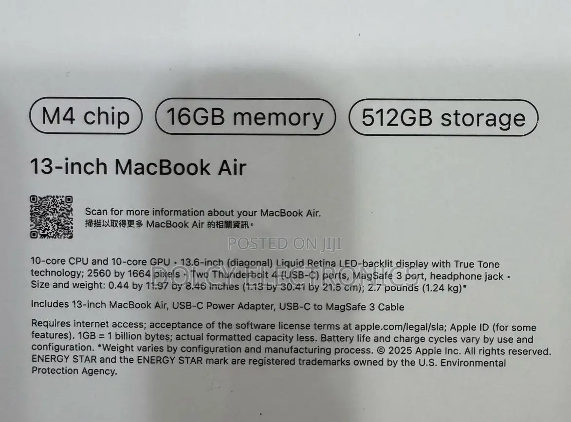 New Laptop Apple MacBook Air 16GB Apple M4 SSD 512GB