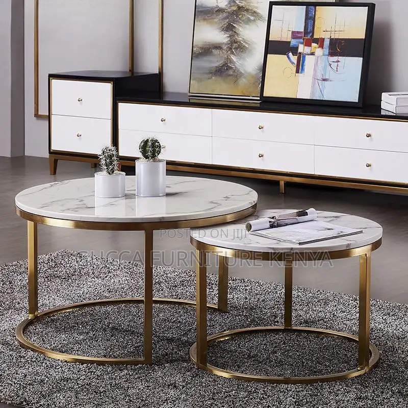 Coffee Tables: Twin Circular Marble Top Office Side Table