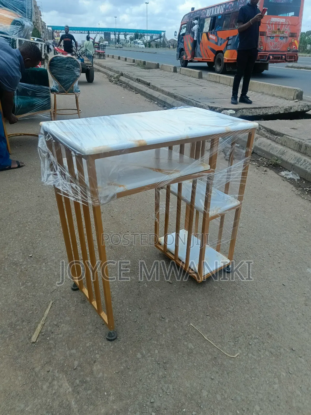 Manicure Marble Table With Shelves, White/ Gold 