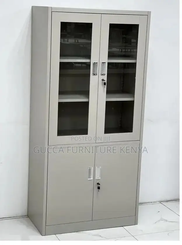 Cabinets: 2-Door Half Glass Steel Frame Storage Unit