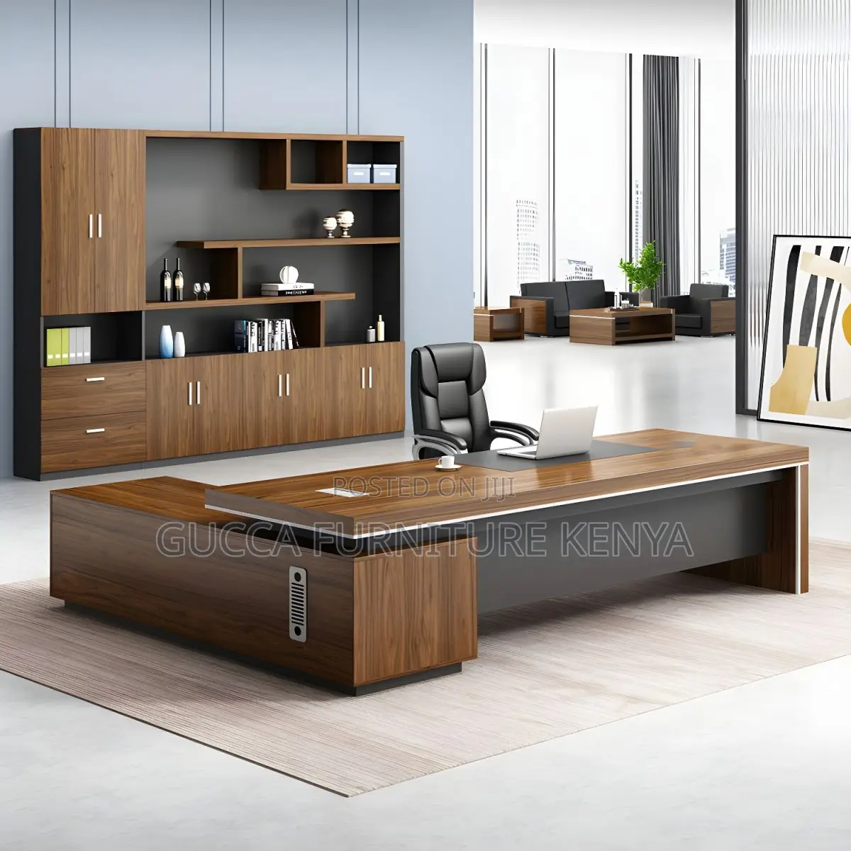 Office Desk: Brown L-Shape Executive Modern Desk for Office