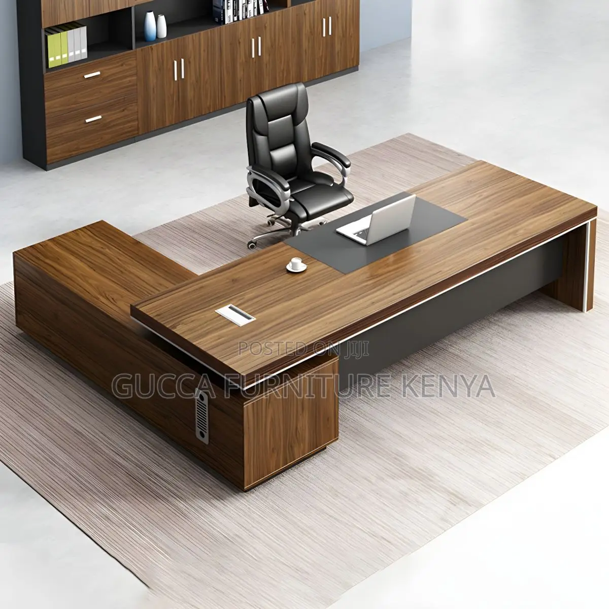 Office Desk: Brown L-Shape Executive Modern Desk for Office