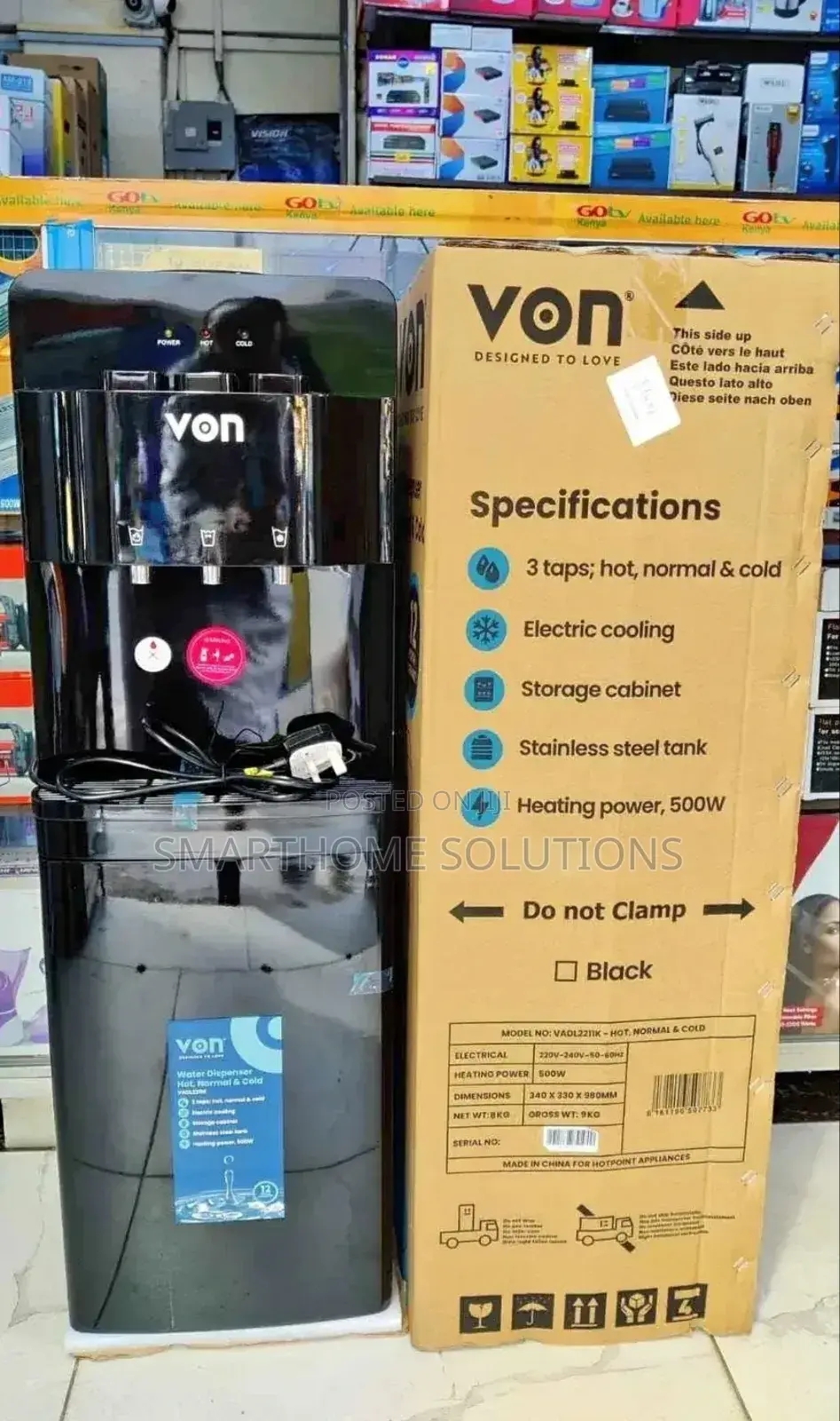 Von Water Dispenser 3 Taps Hot Cold Normal Cup Cabinet Black