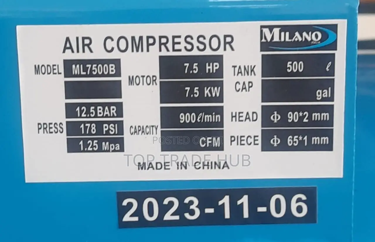 Heavy Duty Milano Air Compressor 500l 10 Hp 12.5 Bar