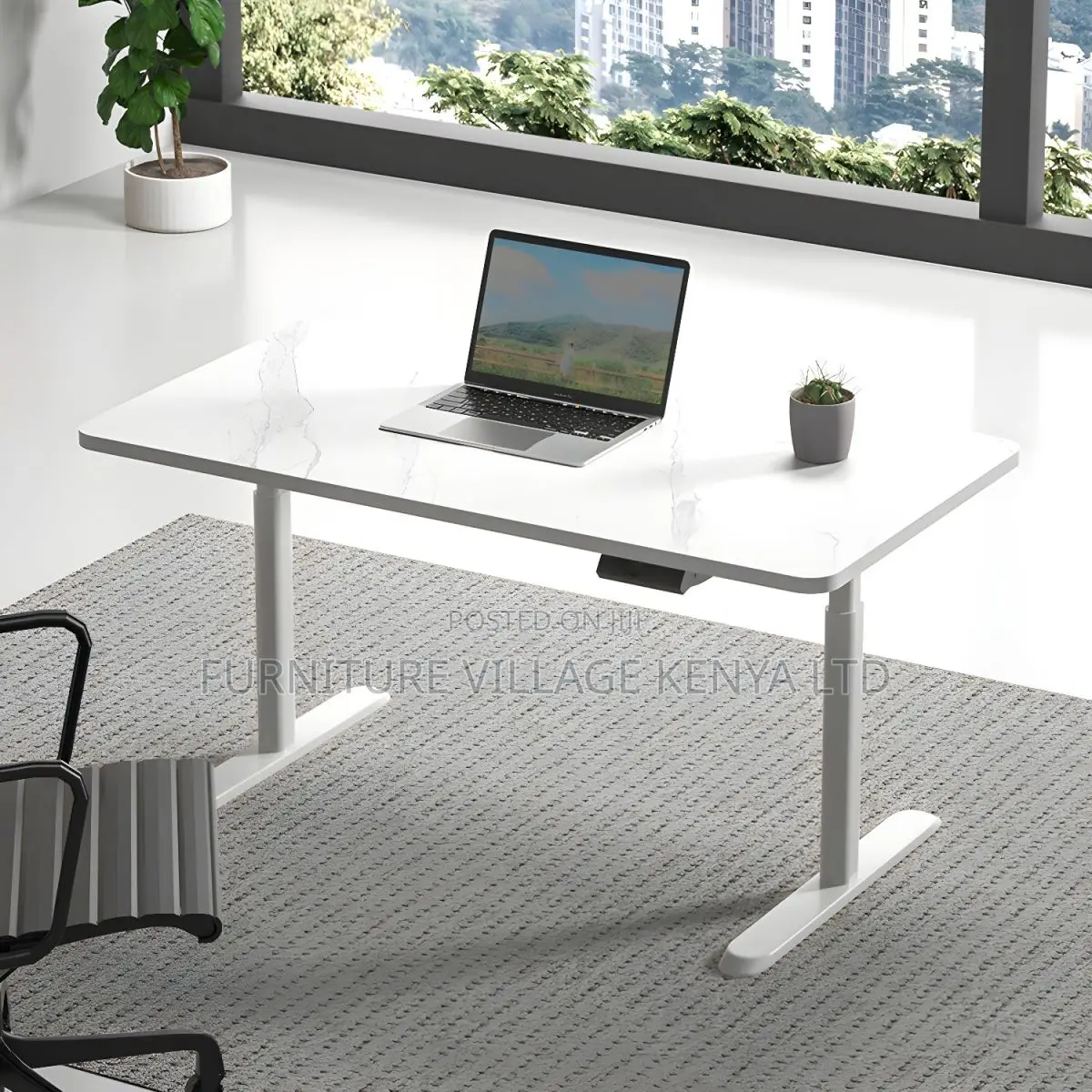 Office Desk:Motorized White Table With Steel Support – 120cm