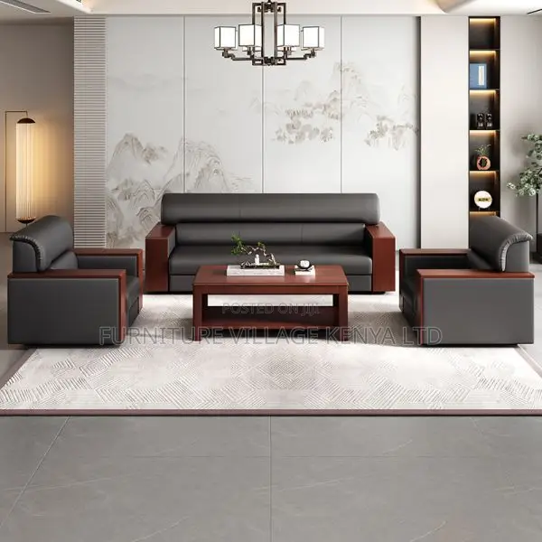 Sofa Set: 5-Seater Sleek Wood-Framed Office Lounge Seating
