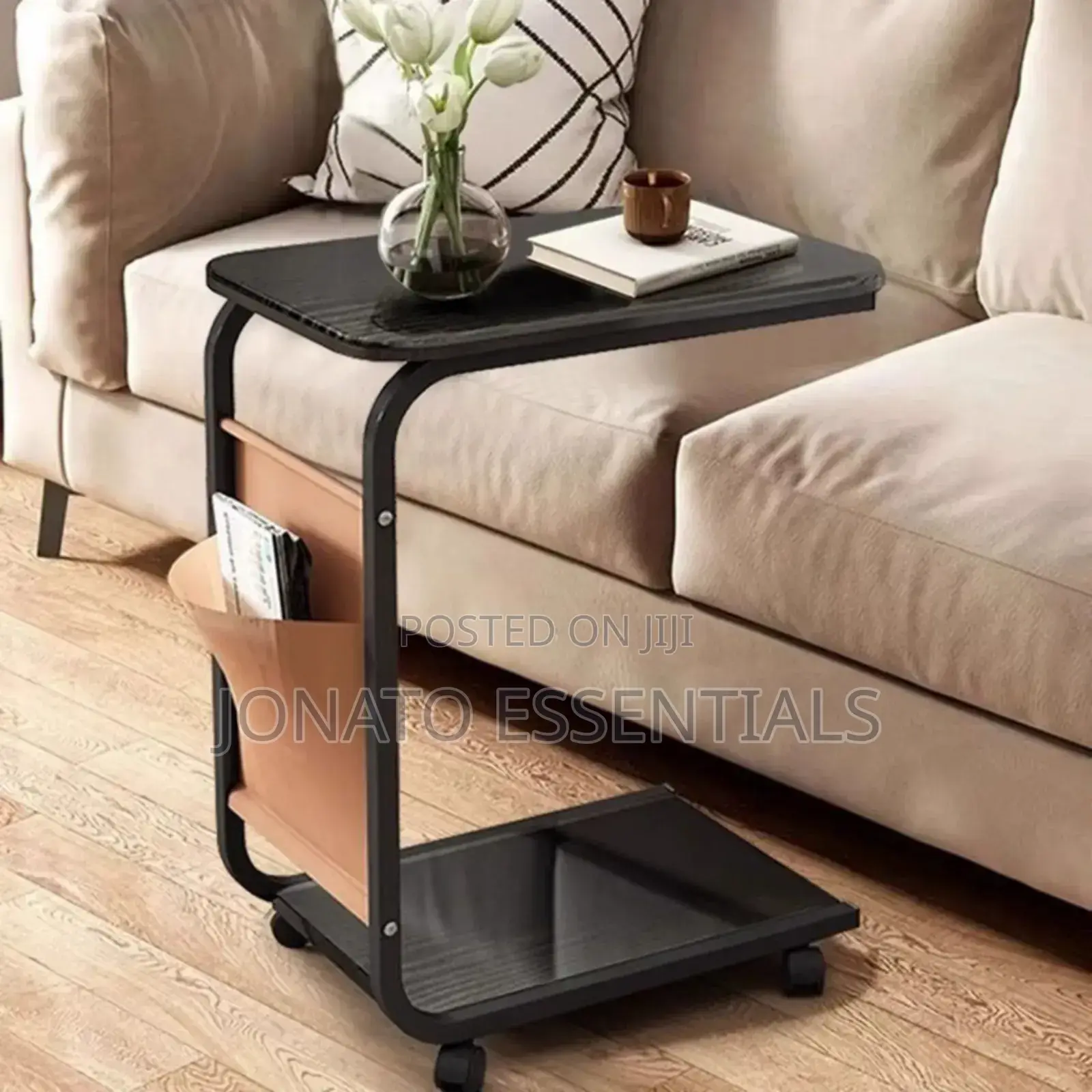 Modern C-Shaped Side Table With Storage Shelf and Wheels
