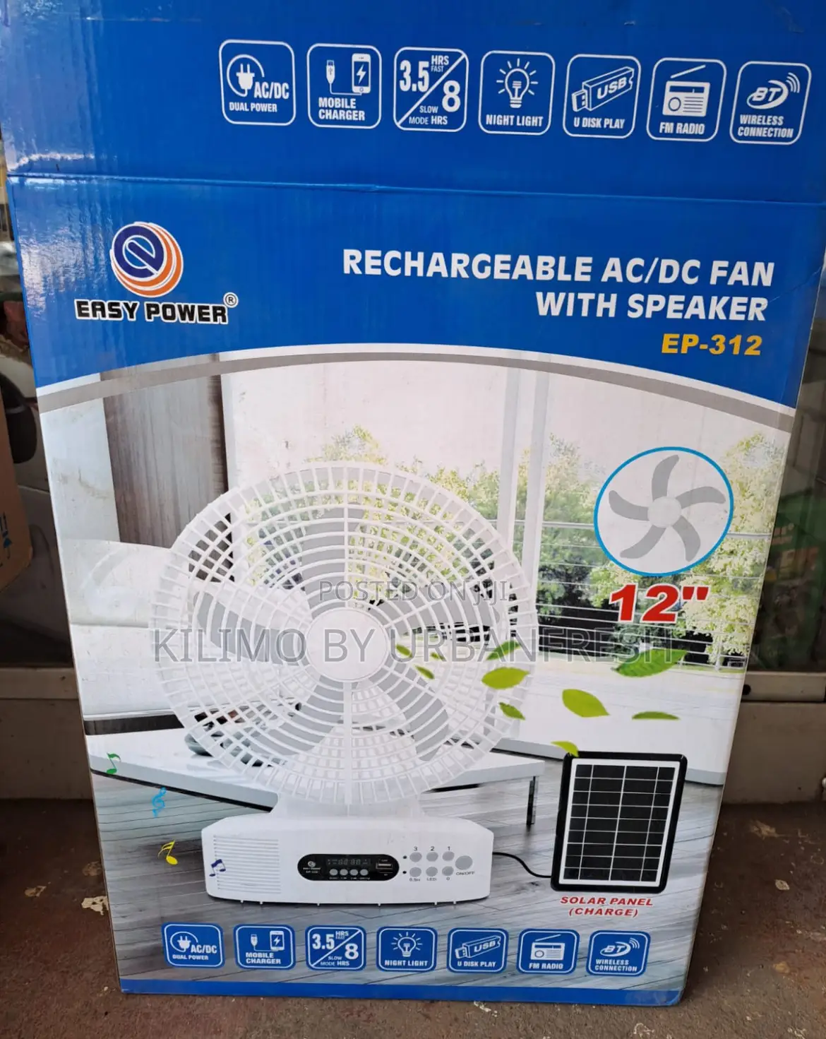 Solar Fan. Has Bluetooth , Memory Card , Fan, Lamp , Radio.