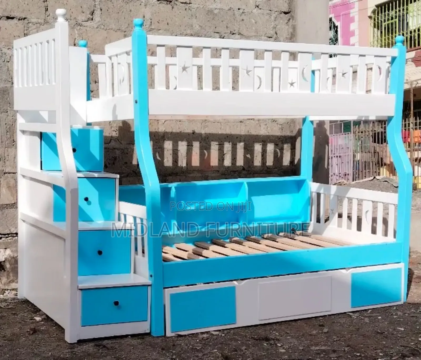 Blue Wooden Double Decker With Staircase