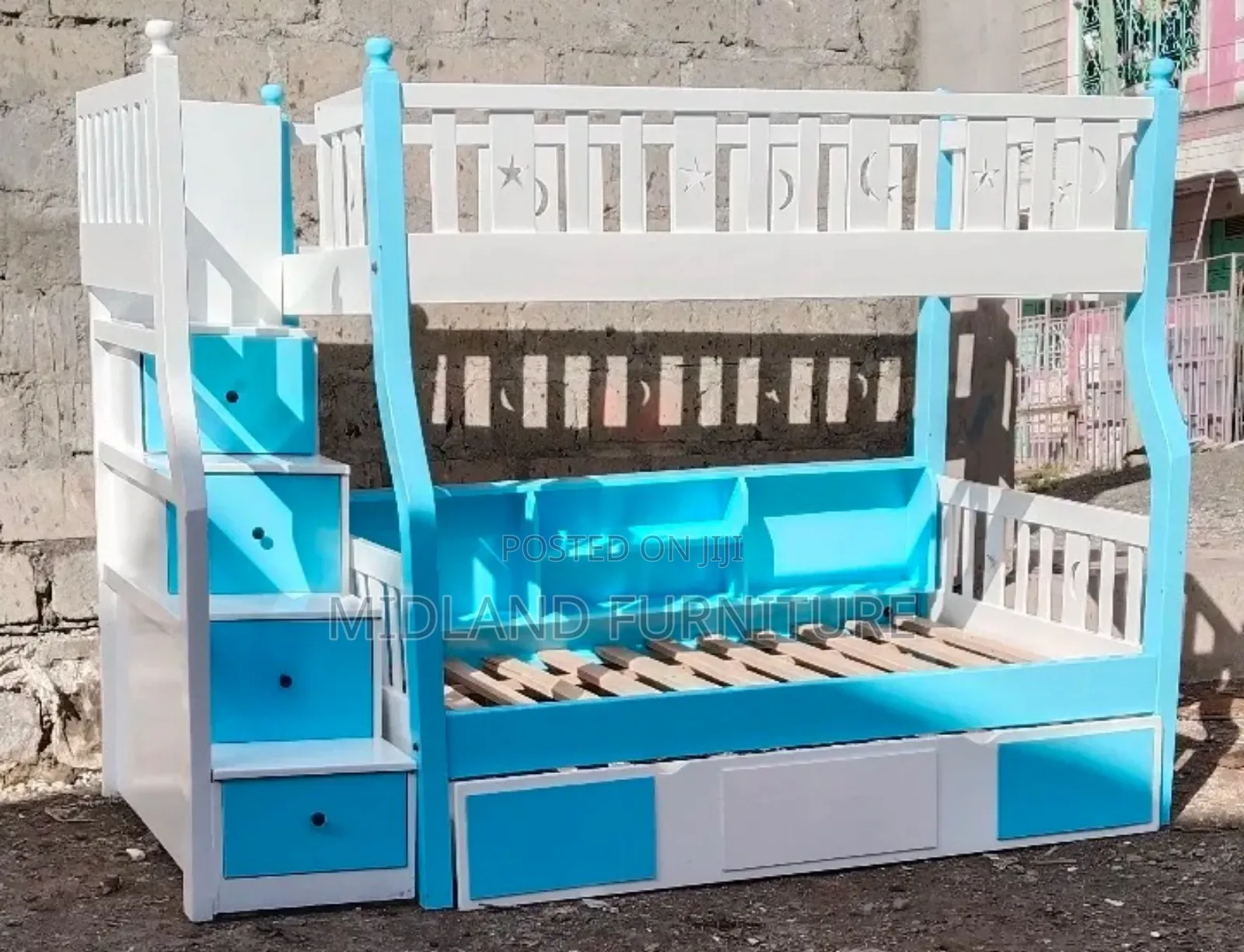 Blue Wooden Double Decker With Staircase