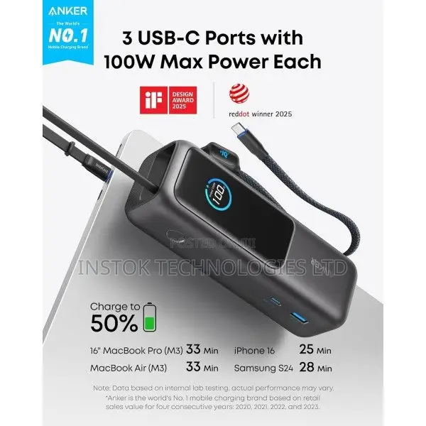 Anker Power Bank 165w With Retractable Cables
