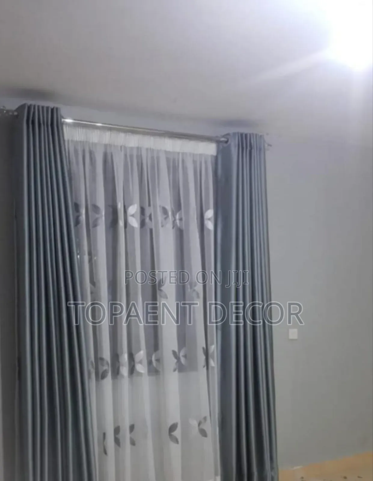 Grey Paired Window Curtains With White and Grey Window Sheer