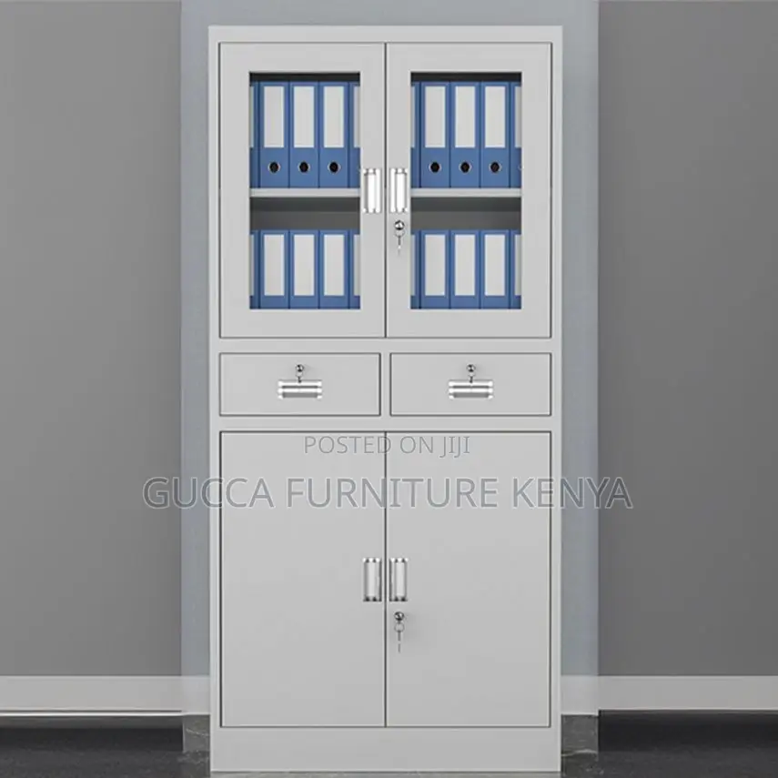Cabinets: Metallic 2-Door Storage Unit With Drawers